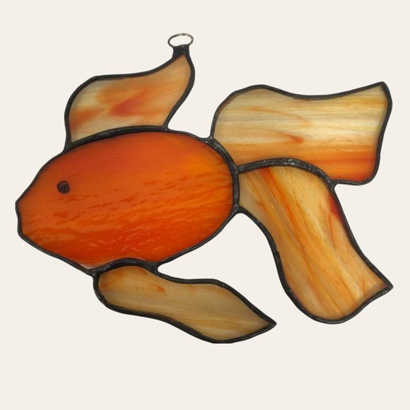 Vintage Stained Glass Gold Fish Beta Fish PAIR Sun Catchers Orange Blue Handmade - Picture 3 of 6